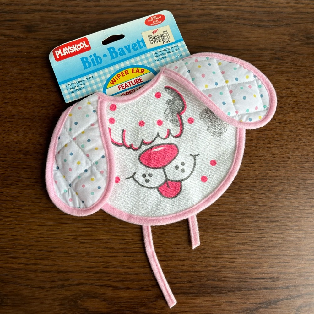 Playskool Vintage Cotton Terry Vinyl Washable Pink Dog Bib Polka Dot Wiper Ears